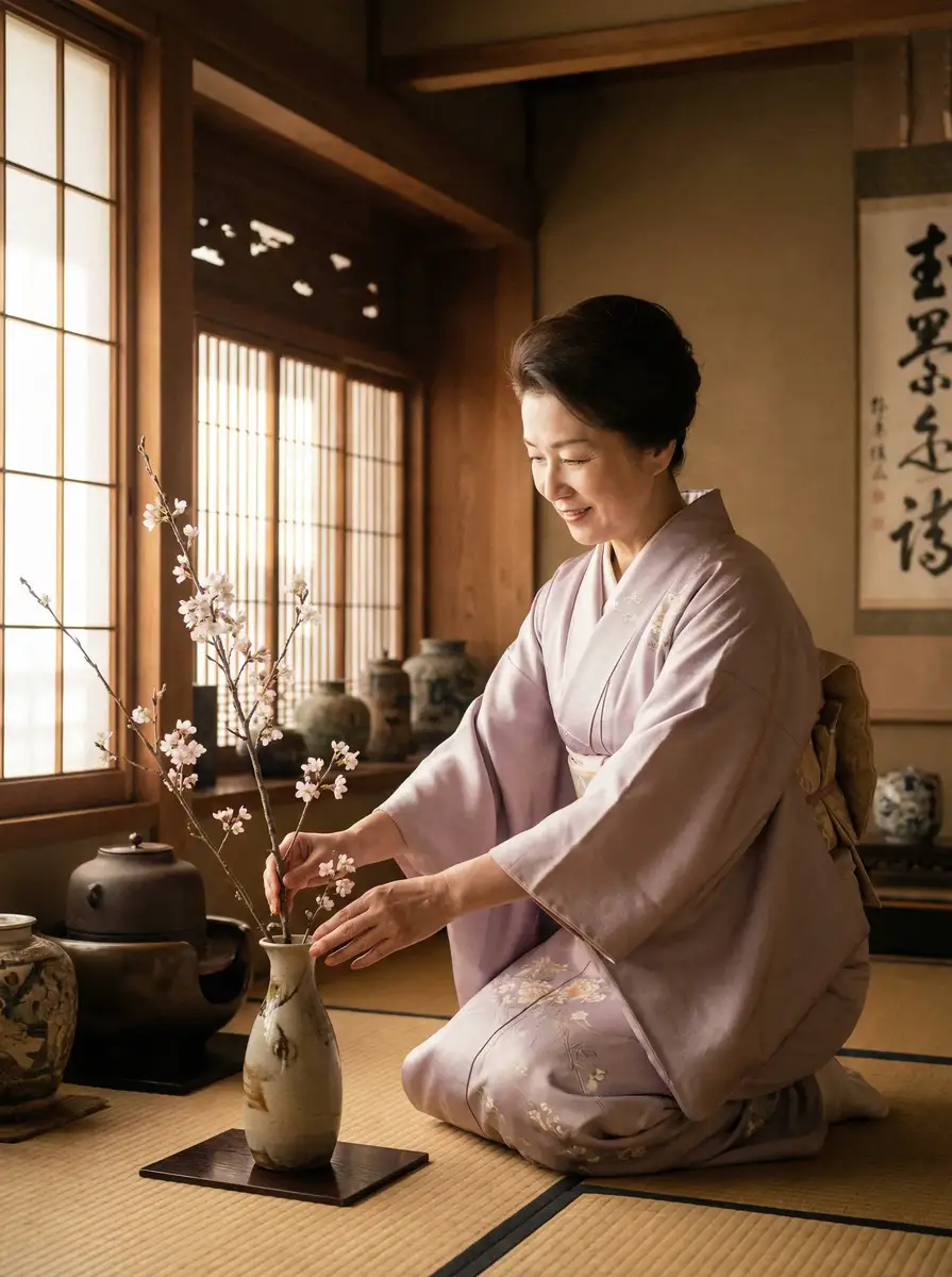一位优雅的 同人动漫 在和室中插花