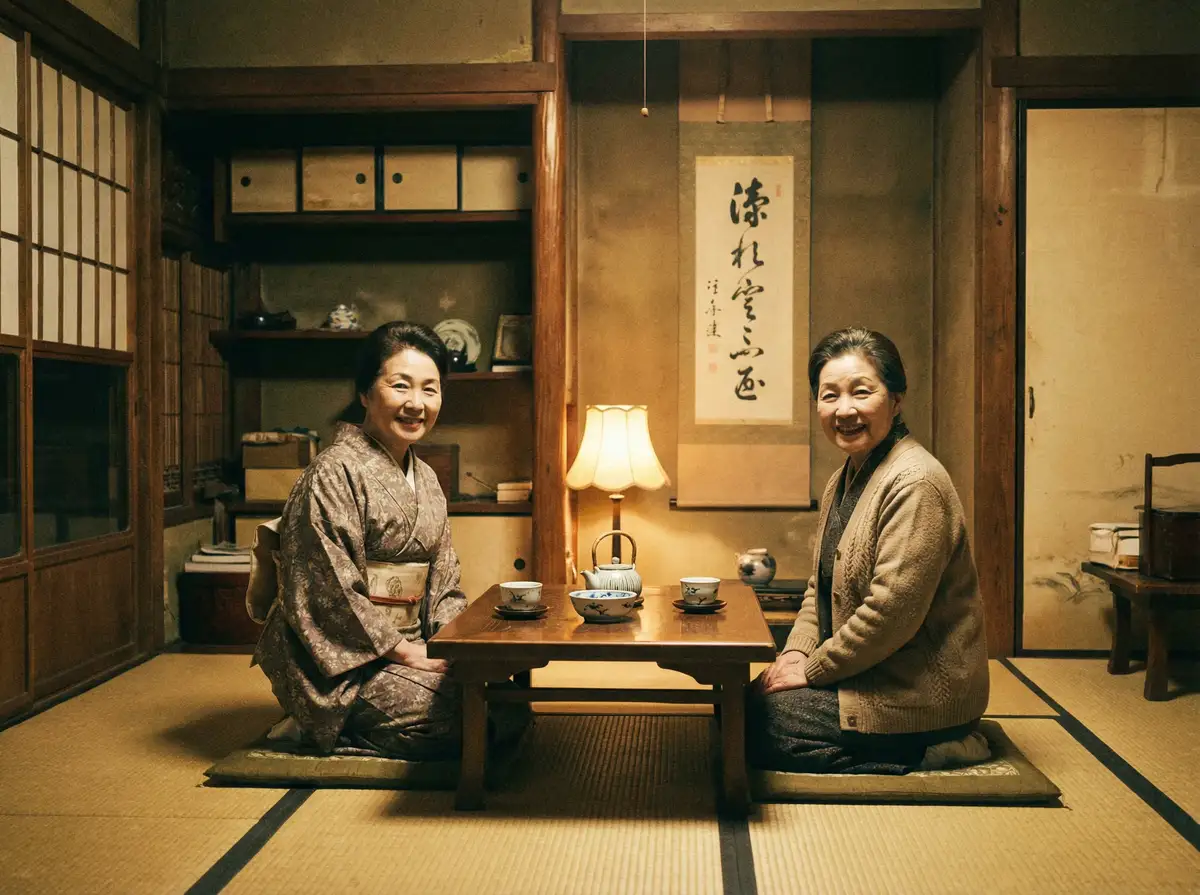 两位优雅的 同人动漫 在日式茶室中品茶交谈